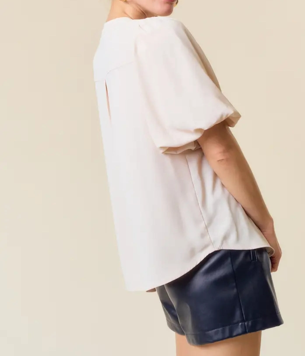 Bubble Short Sleeve Pintuck Button Down Blouse