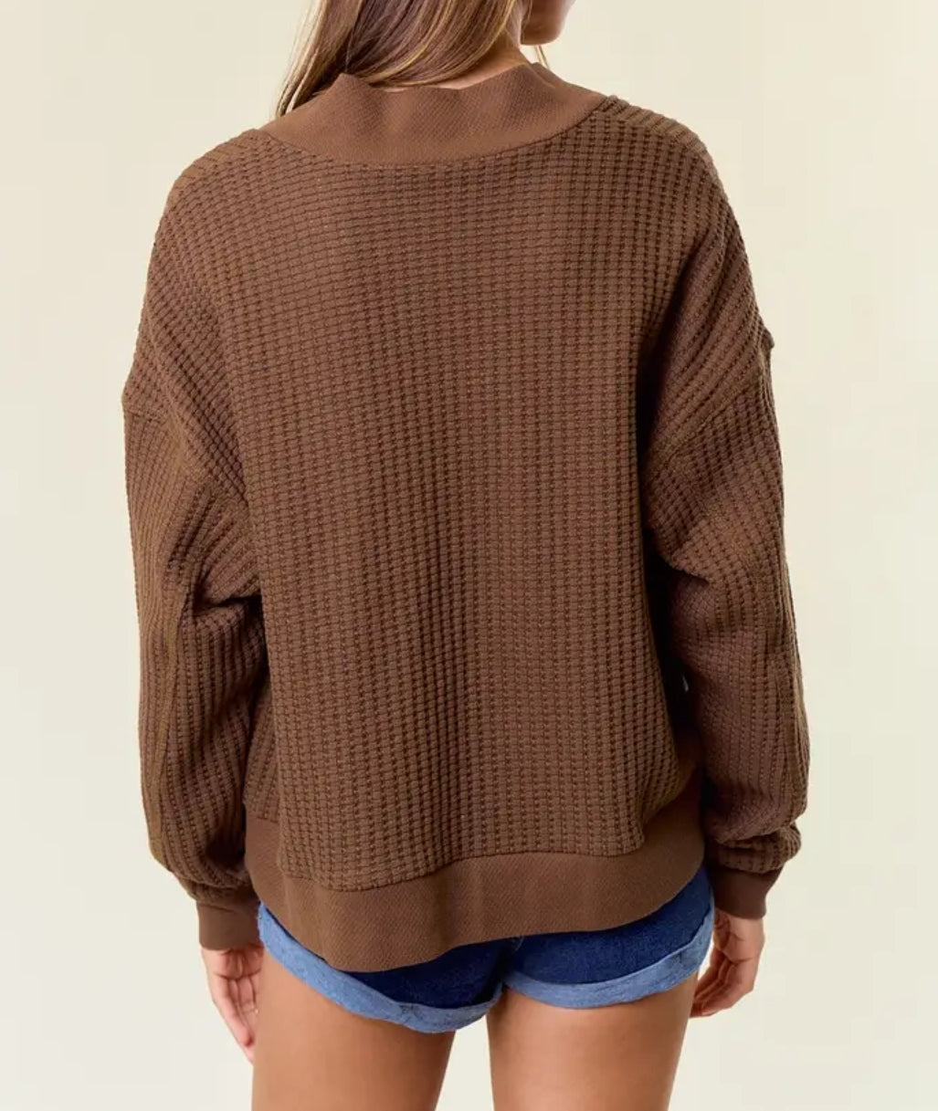 Cotton Waffle Knit Puff Sleeve Open Cardigan