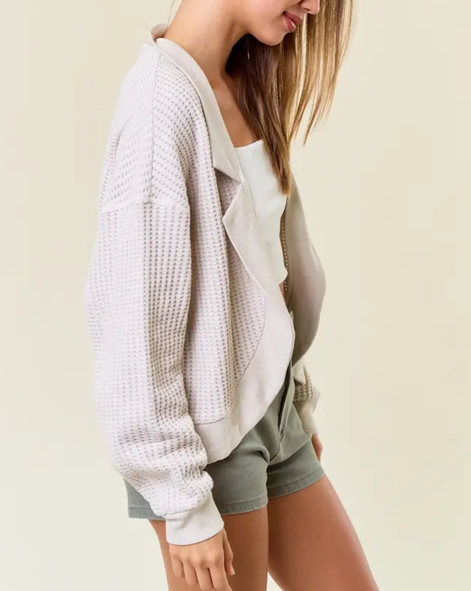 Cotton Waffle Knit Puff Sleeve Open Cardigan