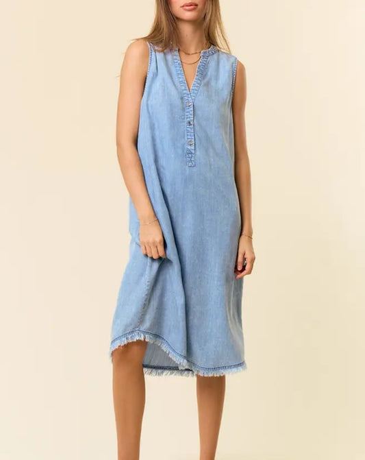 Tencel Denim Knee Length Sleeveless Henley Dress