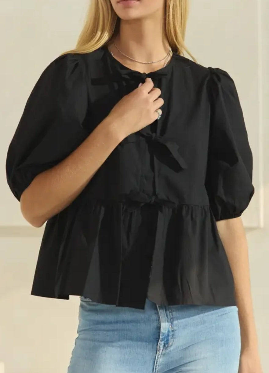 Solid Cotton Poplin Front Tie Ribbon Blouse