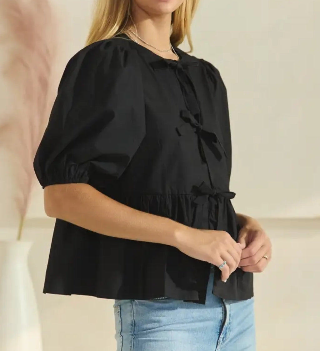 Solid Cotton Poplin Front Tie Ribbon Blouse