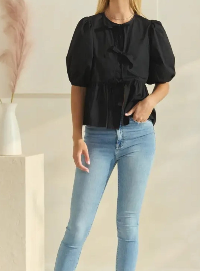 Solid Cotton Poplin Front Tie Ribbon Blouse