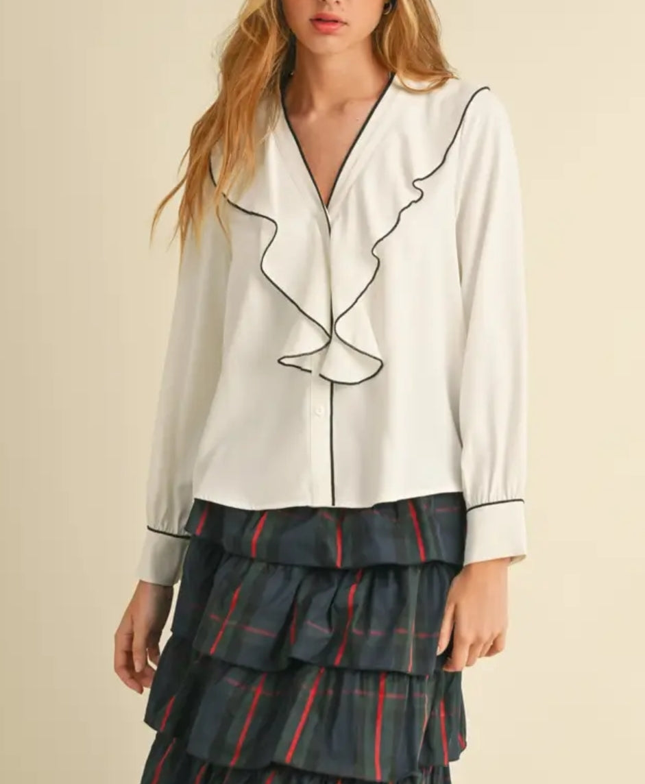 Contrast Piping Ruffled Blouse