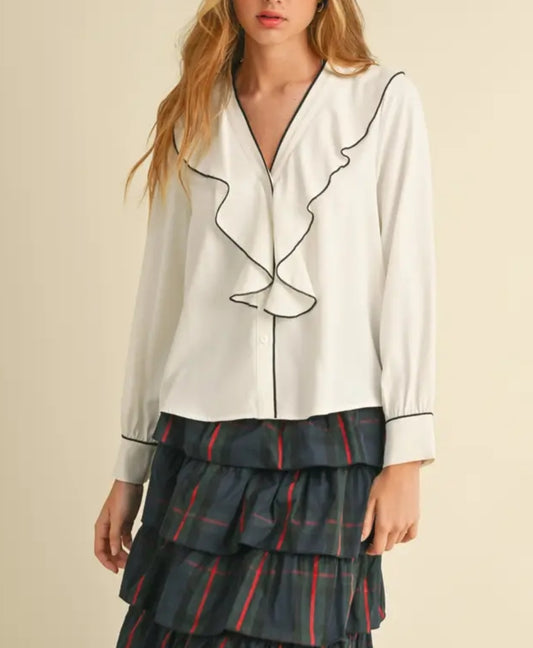 Contrast Piping Ruffled Blouse
