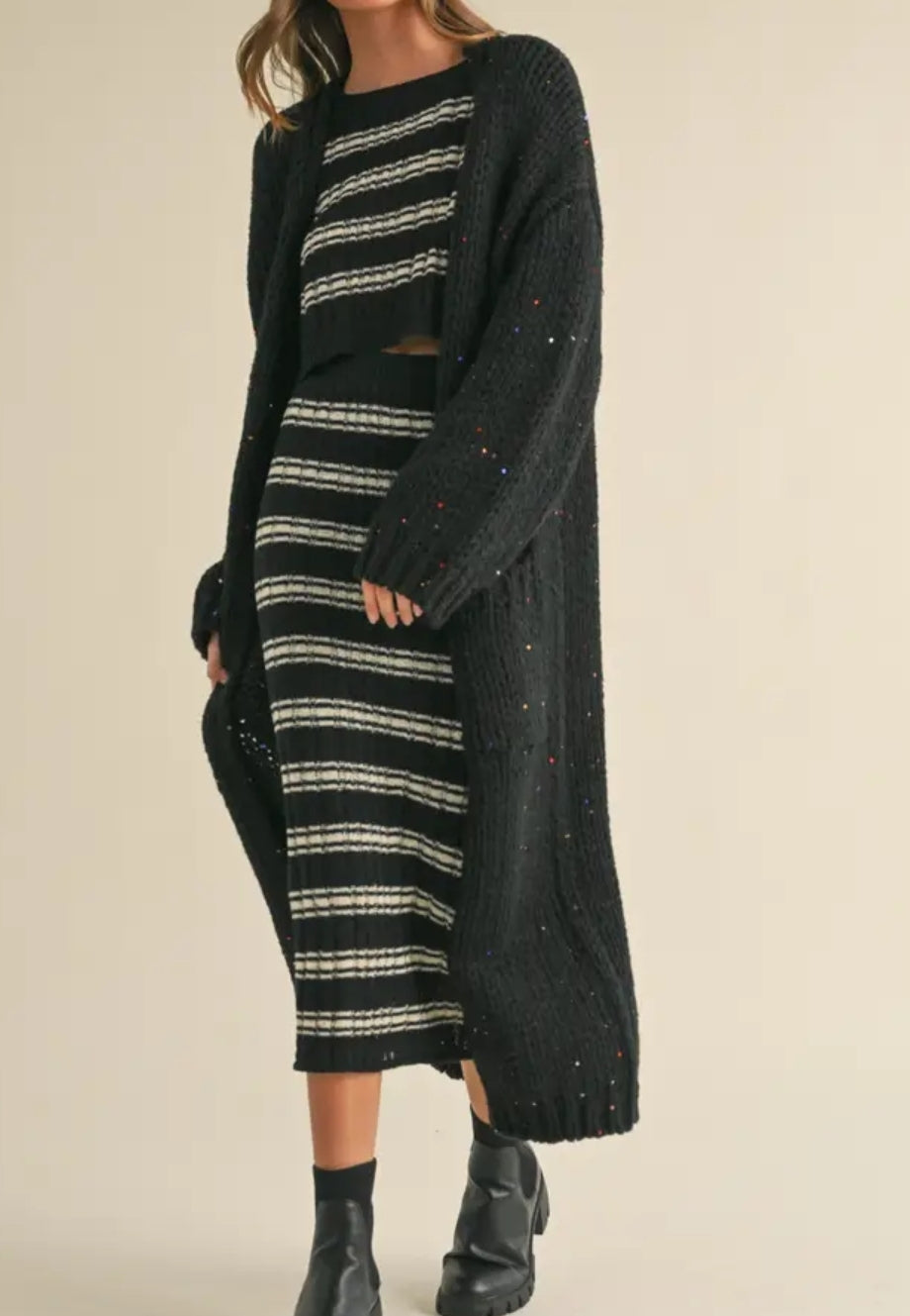 Multi Color Sequins Long Chunky Knit Cardigan