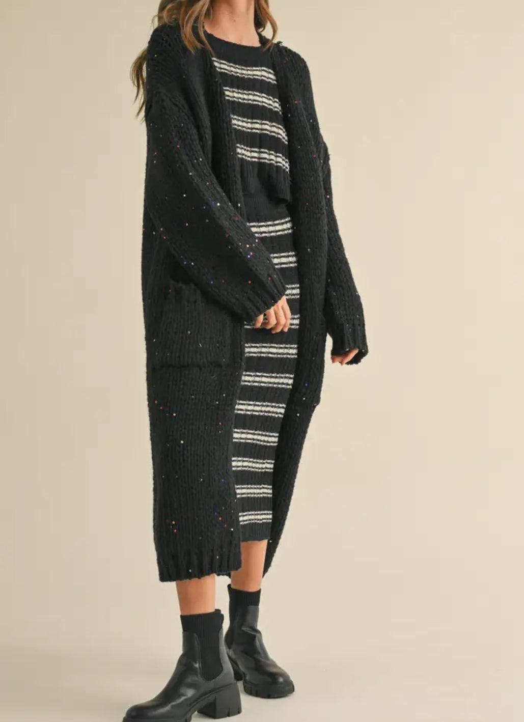 Multi Color Sequins Long Chunky Knit Cardigan