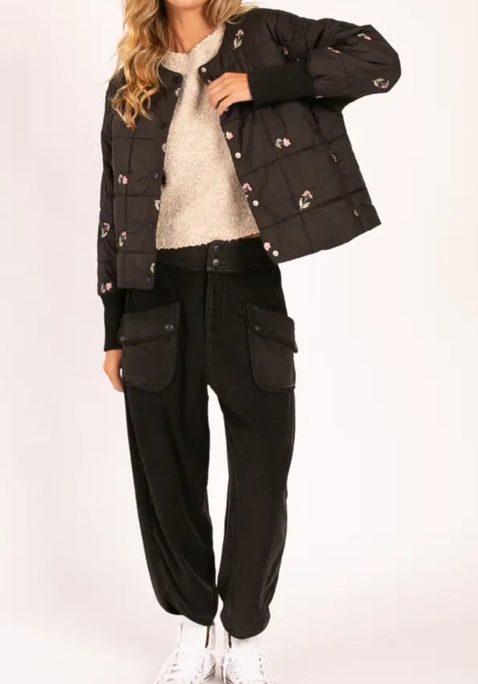 Embroidered Floral Quilted Puffer Jacket