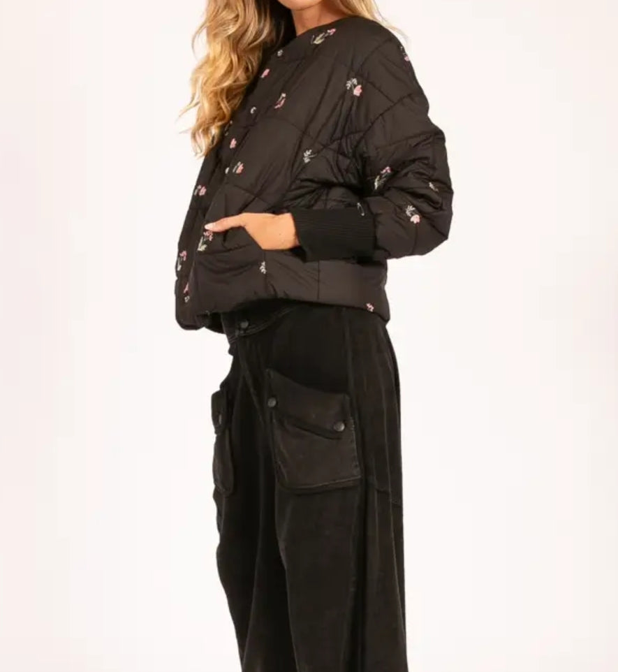 Embroidered Floral Quilted Puffer Jacket