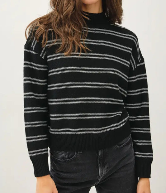 Double Stripe Sweater with Ribbed Mock Neckline
