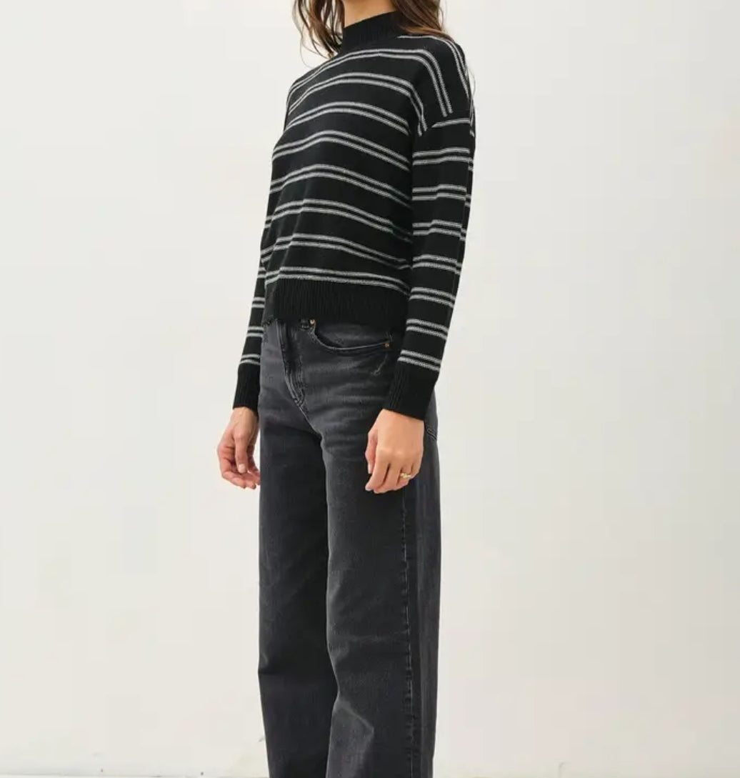 Double Stripe Sweater with Ribbed Mock Neckline