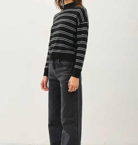 Double Stripe Sweater with Ribbed Mock Neckline