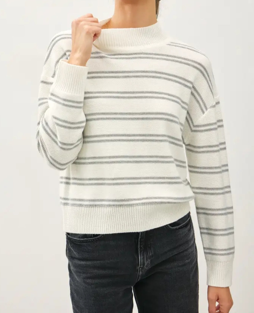 Double Stripe Sweater with Ribbed Mock Neckline