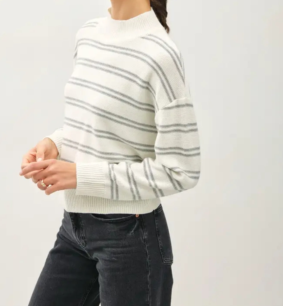 Double Stripe Sweater with Ribbed Mock Neckline