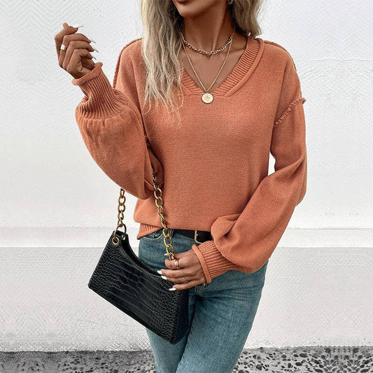 Solid V Neck Long Sleeve Sweater