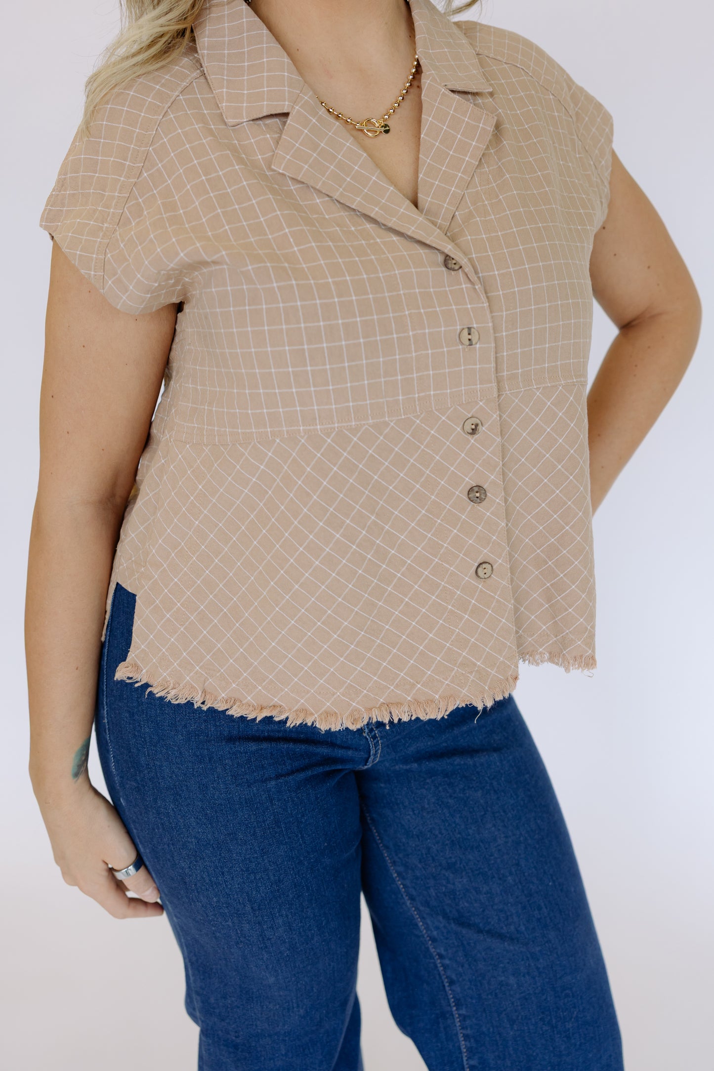 Plaid Notch Lapel Cap Sleeve Button-Up Shirt