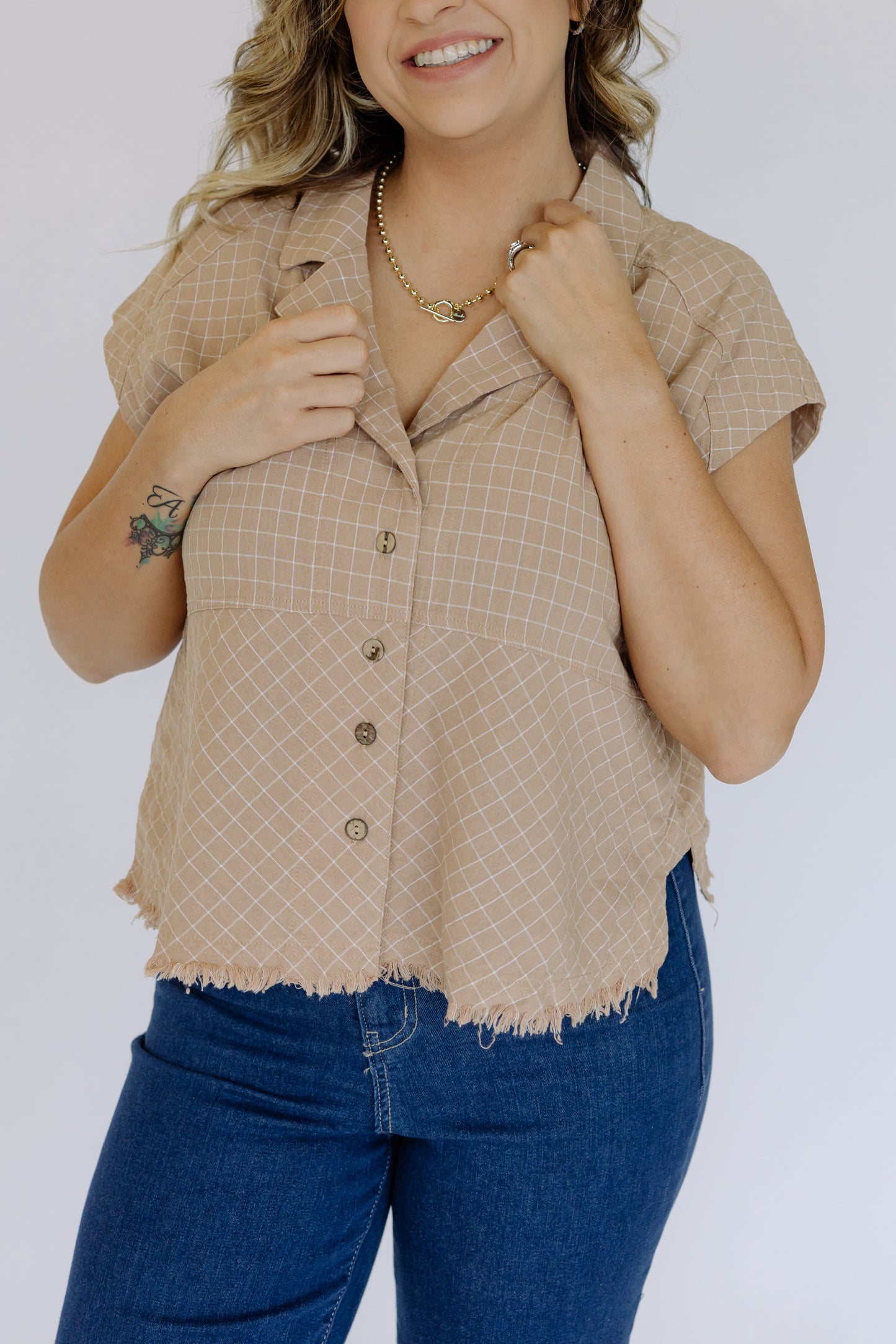 Plaid Notch Lapel Cap Sleeve Button-Up Shirt