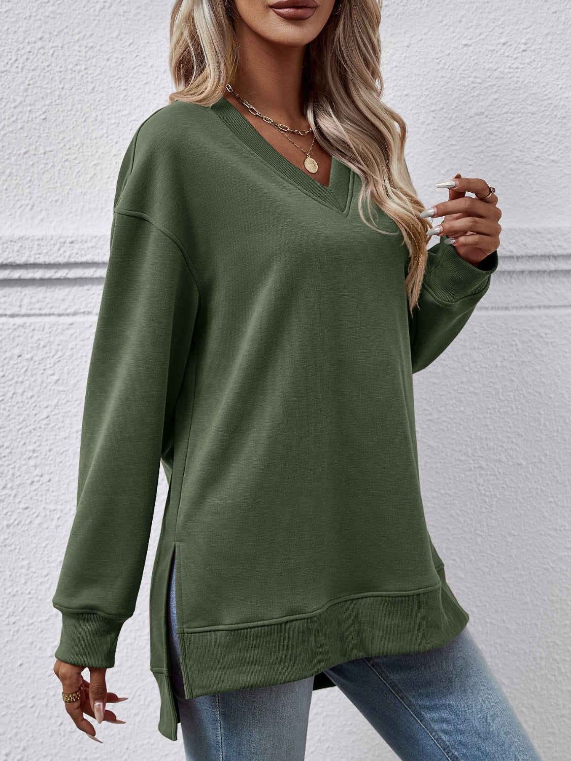 V-Neck Slit Long Sleeve Sweatshirt – Closet Collections Montana