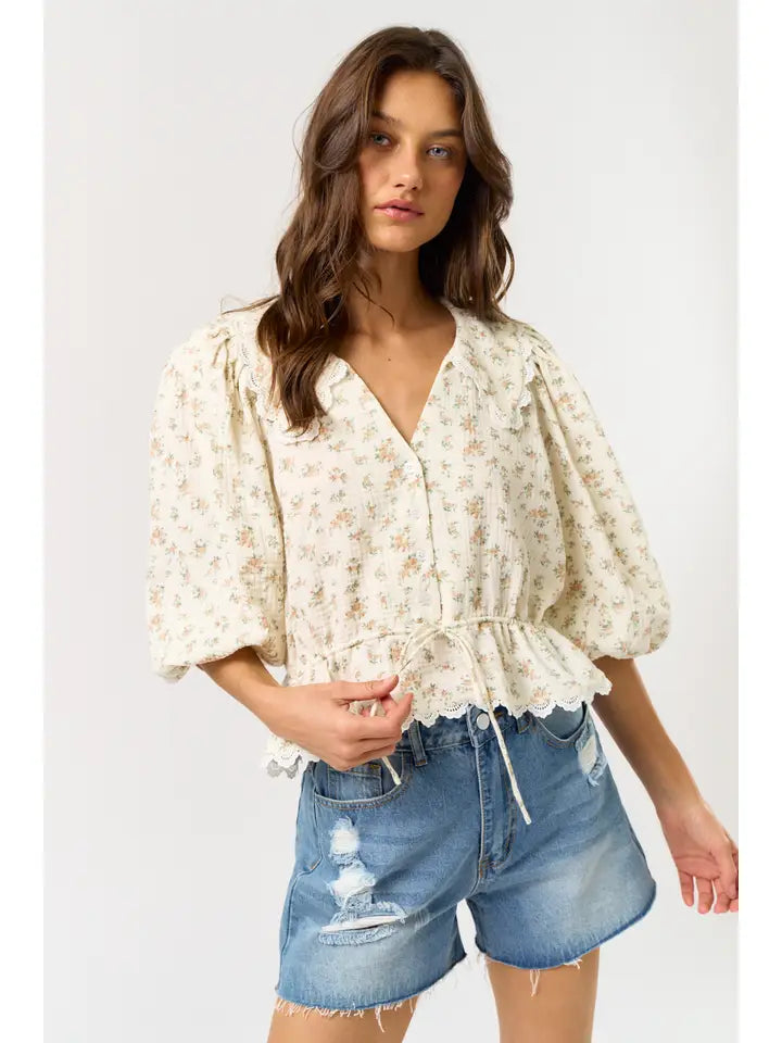 Puff Sleeve Lace Trim Floral Blouse