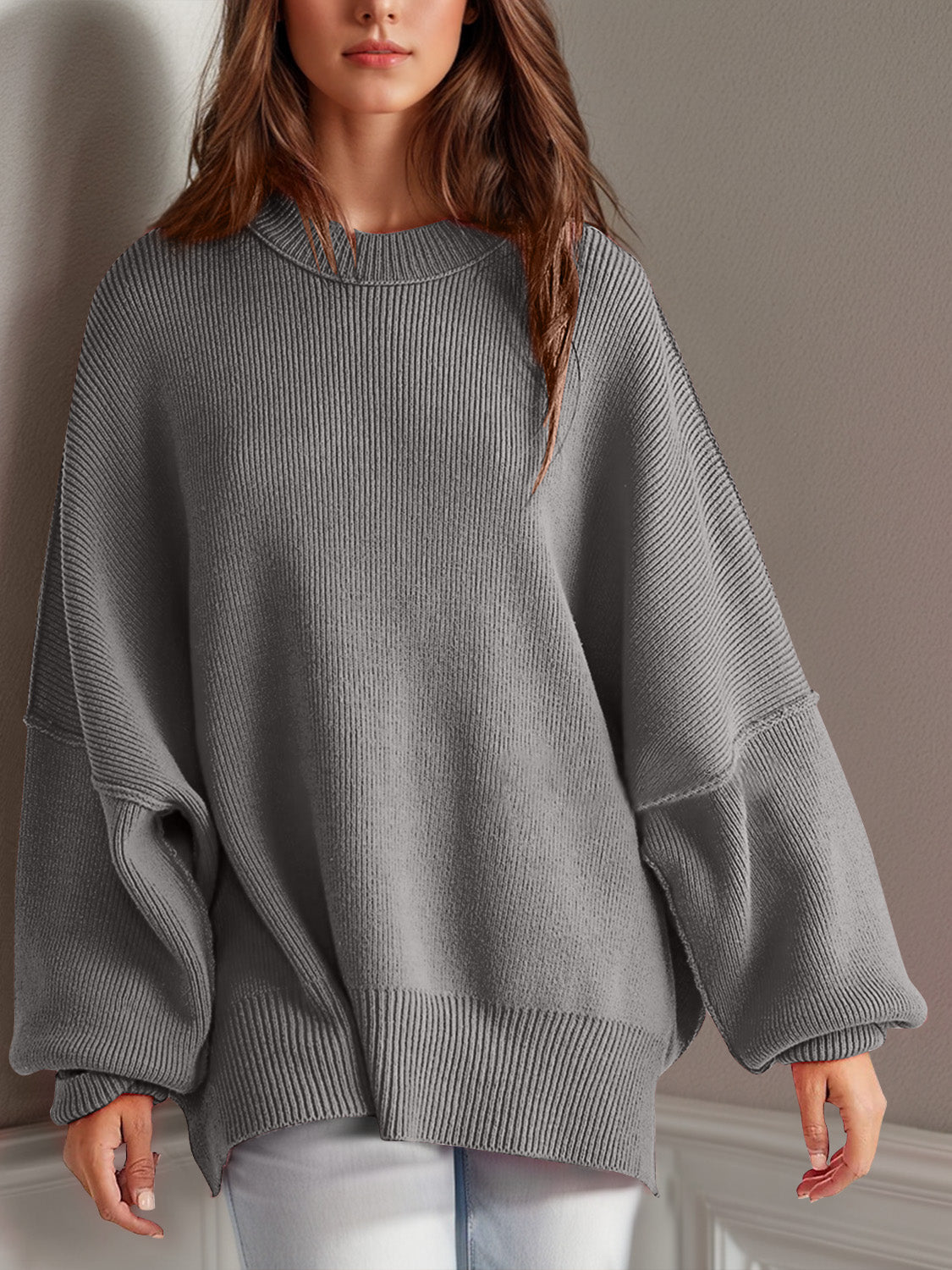 Pre - order Double Take Side Slit Round Neck Long Sleeve Sweater