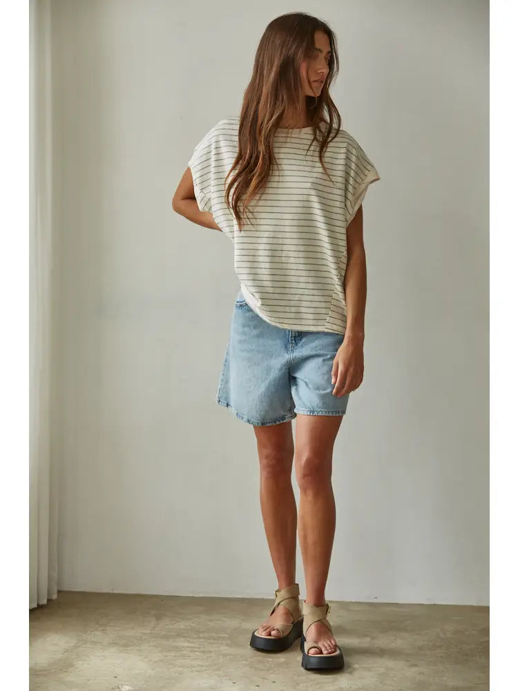 Knit Striped Jersey Round Neck Short Sleeve Top
