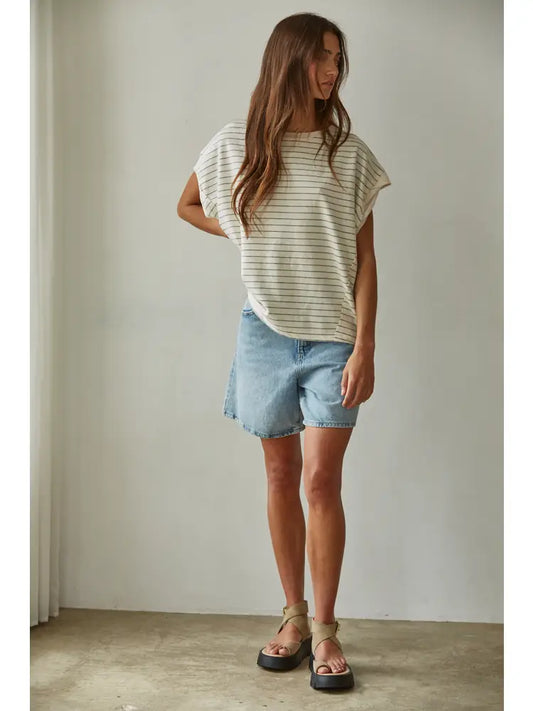 Knit Striped Jersey Round Neck Short Sleeve Top