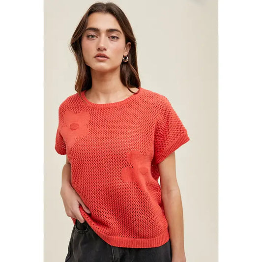 Flower Detail Open-Knit Sweater Top