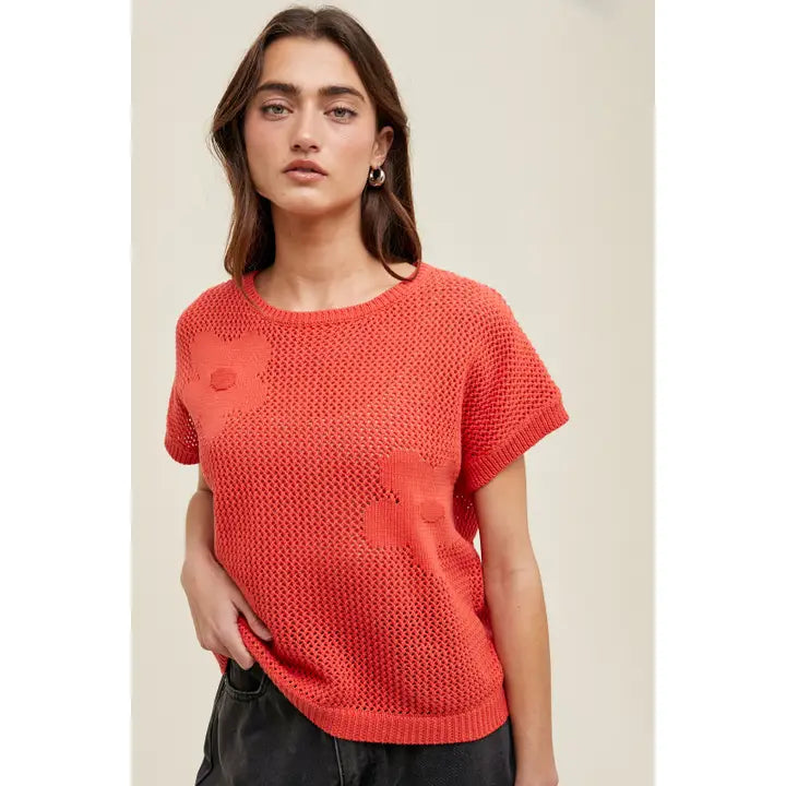 Flower Detail Open-Knit Sweater Top