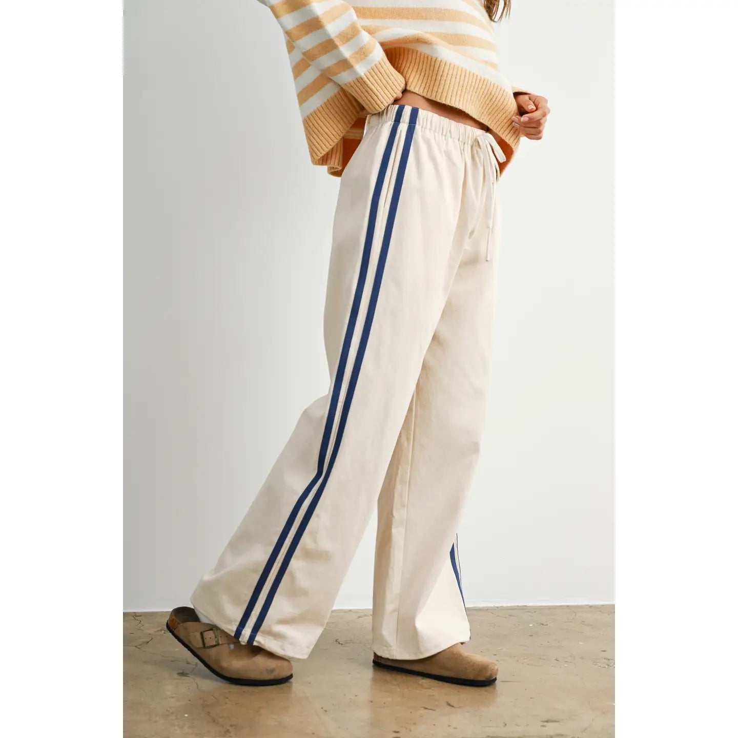 Striped Wide-Leg Drawstring Track Pants