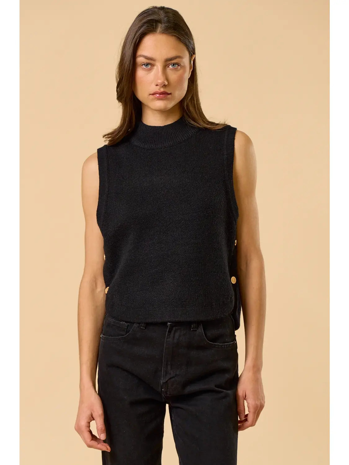 Mock Neck Sleeveless Sweater Top with Gold Button