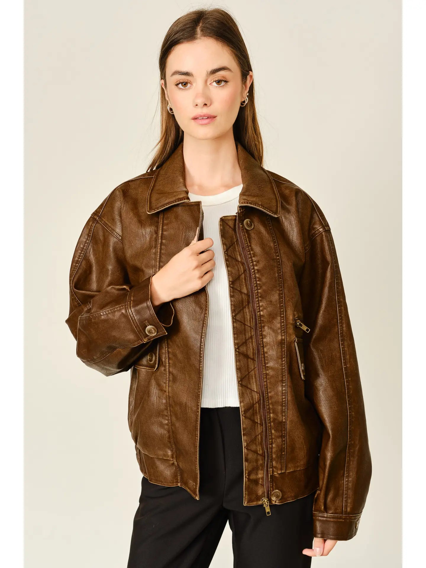 Vintage Washed Leather Zip Jacket