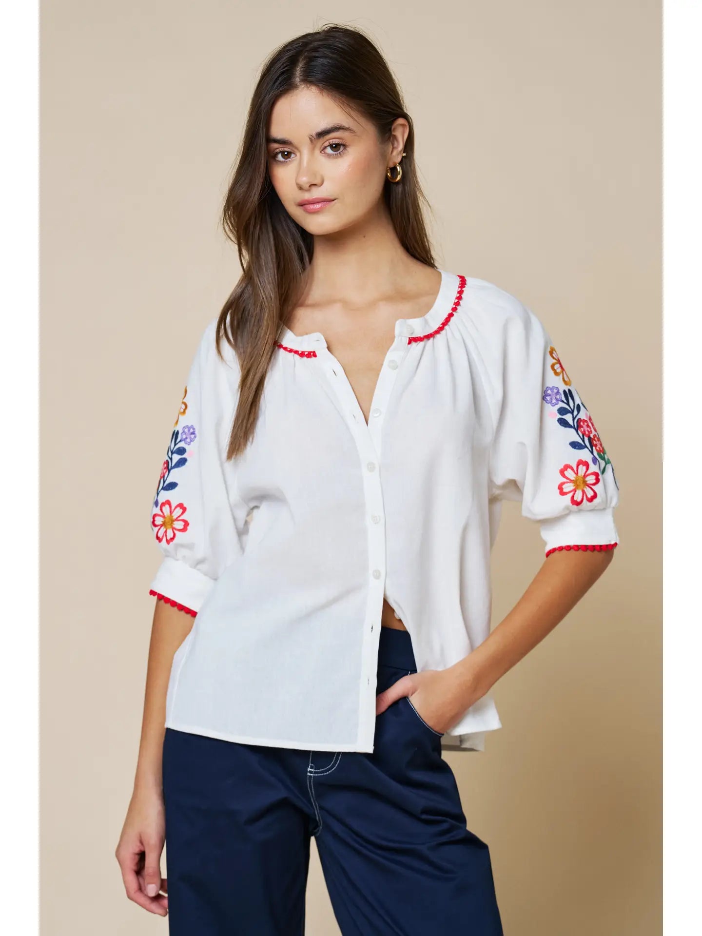 Floral Embroidery Button Down Short Sleeve Blouse
