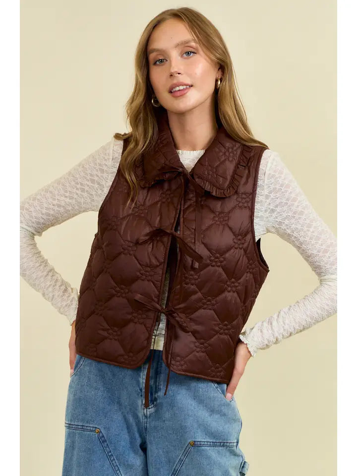 Ruffled Over Sized Collar Quilted Tiie Front Vest