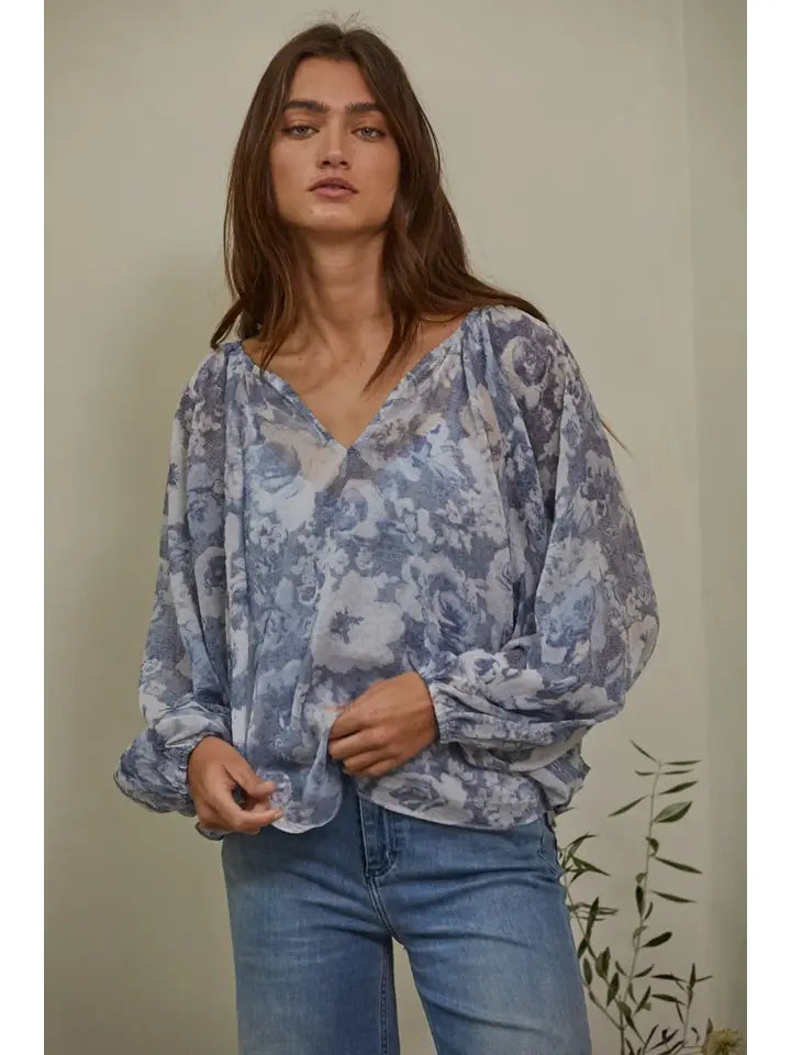 Woven Polyester Floral Print V-Neck Raglan Top