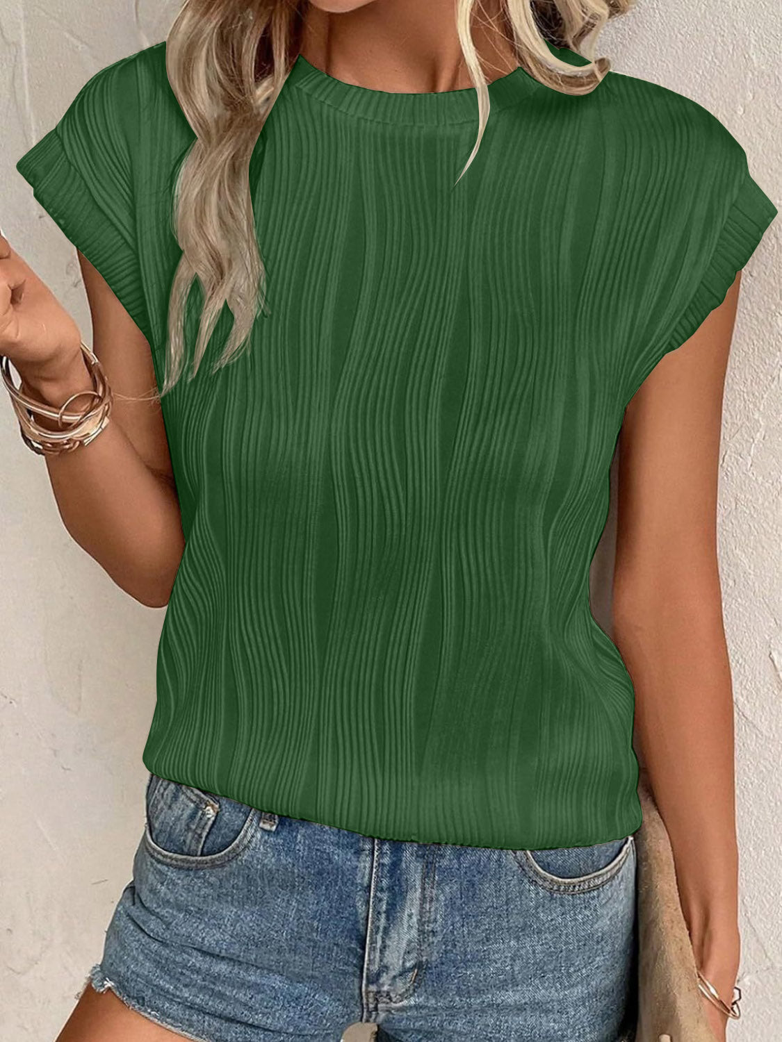 Pre-Order Textured Round Neck Cap Sleeve T-Shirt