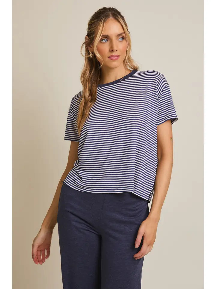 Short Sleeve Stripe Top and Waist Tie Flare Hem Pants