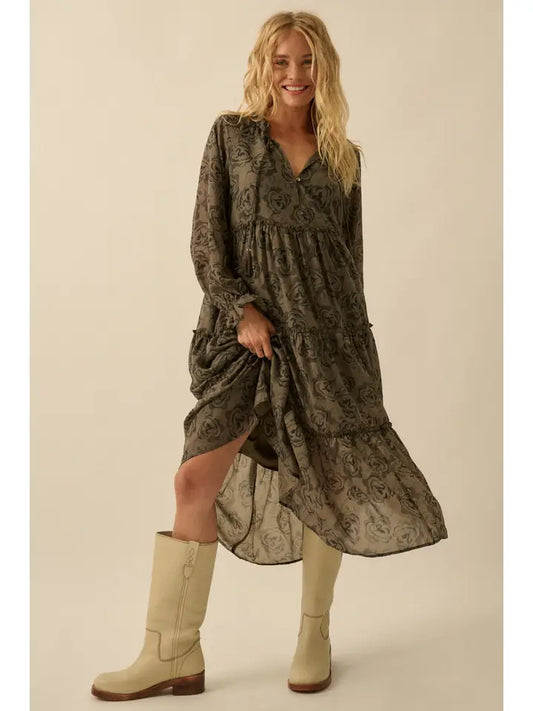 Floral Tiered Ruffle Bubble-Sleeve Midi Dress