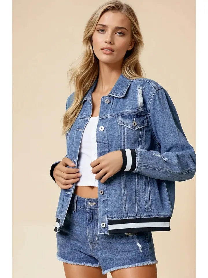 Washing Denim Jacket with Contrast Band