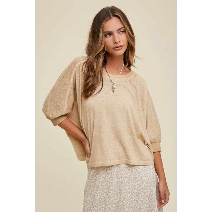 Washed Boxy 3/4 Sleeve Knit Top