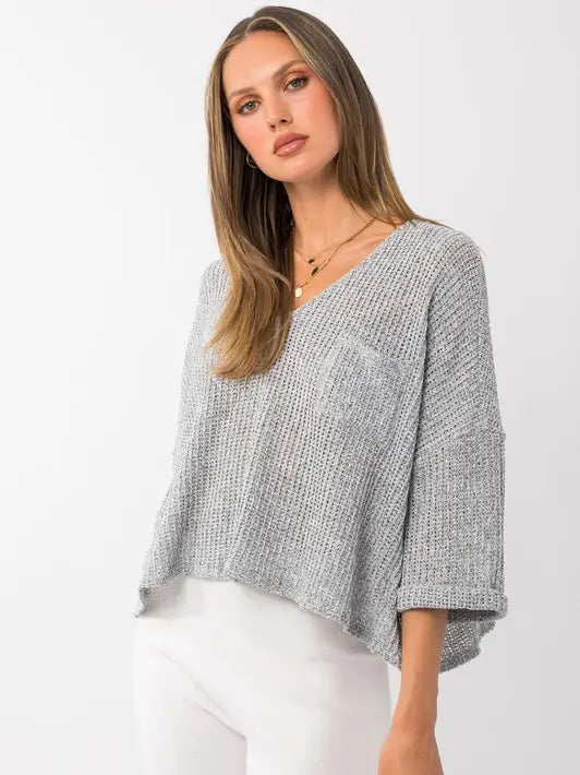 Short Roll-Up Sleeve V-Neck Top