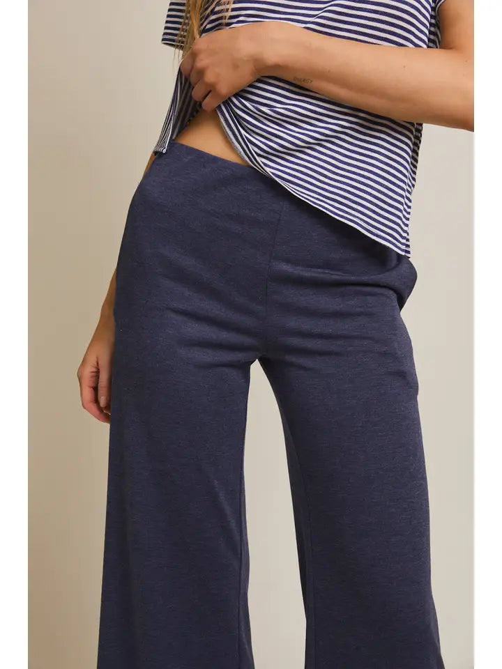 Short Sleeve Stripe Top and Waist Tie Flare Hem Pants
