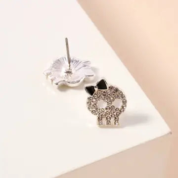 Halloween Skull with Bow Rhinestones Stud Earrings