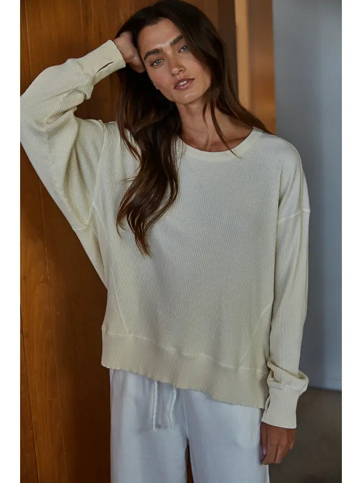 Knit Drop Shoulder Long Sleeve Top with Side Slits