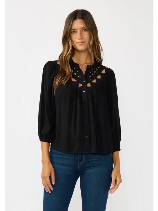 Embroidered Cutout Yoke Button Down Blouse