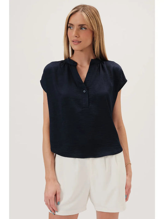 Henley Neck Short Cap Sleeve Blouse Top