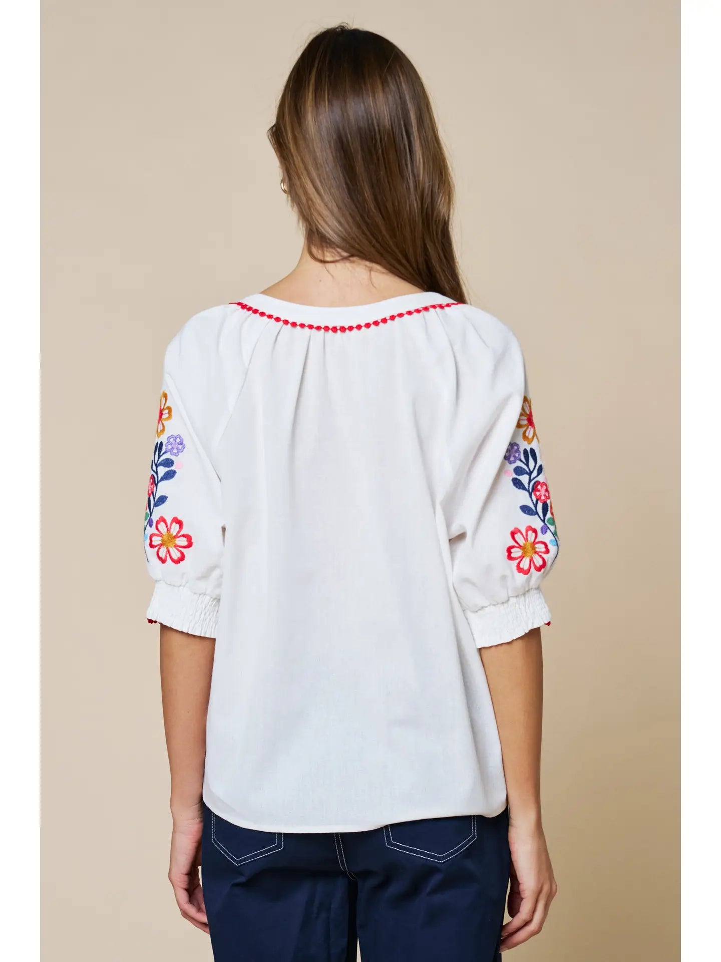 Floral Embroidery Button Down Short Sleeve Blouse