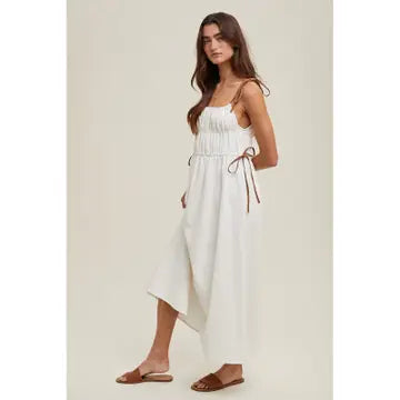 Contrast Self Tie Shoulder Straps Midi Dress
