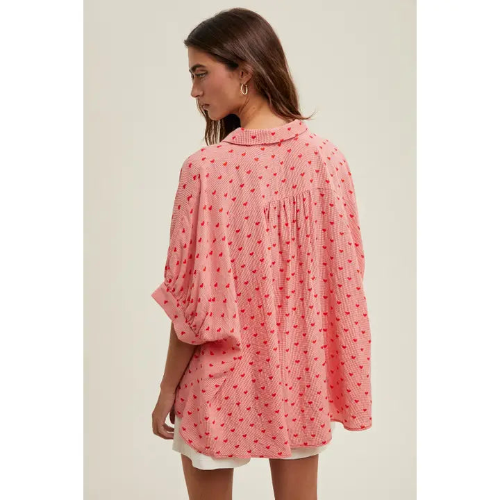 Heart Detailed Plaid Button-Up Blouse