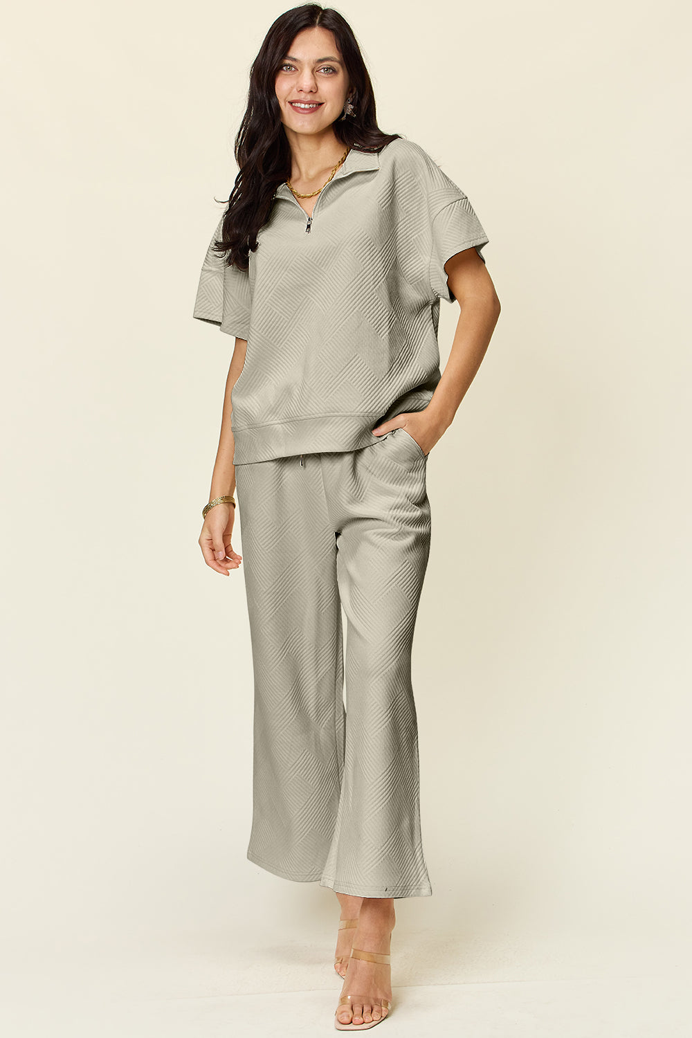 Pre-Order Double Take Full Size Texture Half Zip Short Sleeve Top and Pants Set