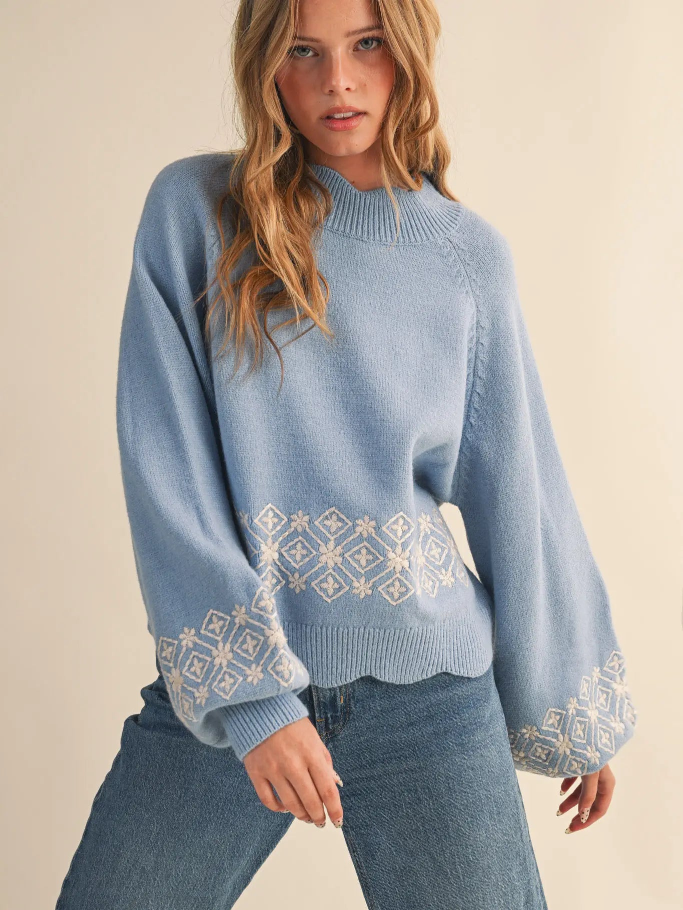Scalloped Mock Neck Sweater with Embroidery